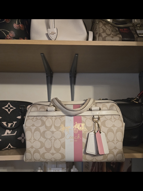 Coach Handbags - Vintage Coach Heritage Signature Stripe Satchel Bag in Beige, Pink & White